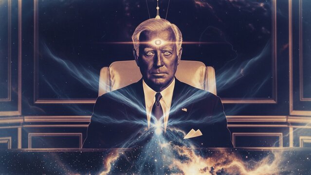 Man with glowing third eye and cosmic power energy radiating in office. Science fiction portrait of mysterious politician with extraterrestrial connection. Paranormal conspiracy art concept.