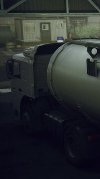 A cement mixer truck is parked inside a construction site warehouse. The area is dimly lit and there are construction materials scattered around. It is late at night.