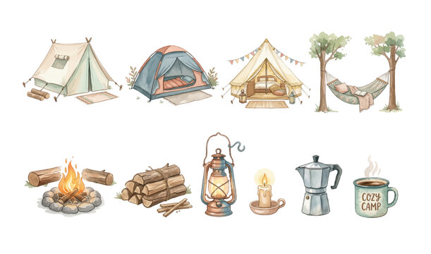 Watercolor Cozy Camping Clipart Set &mdash; 10 Glamping & Outdoor Adventure Elements