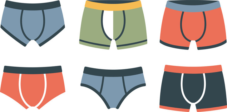 Colorful underwear icons, men's and women's briefs, boxer shorts, vector illustration, fashion design elements