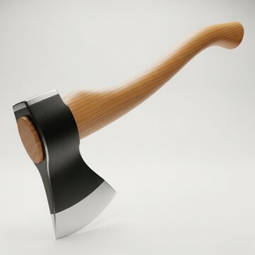 A traditional axe with wooden handle and metal head displayed against a plain background