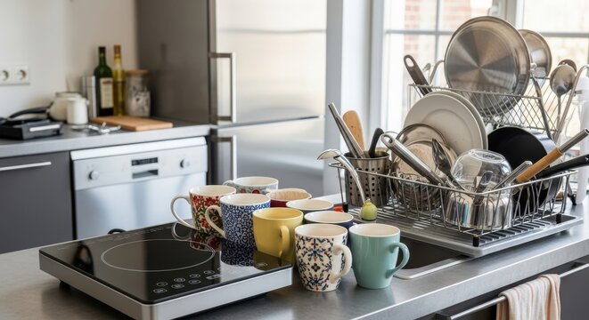 Assorted colorful mugs arranged on a portable induction cooktop next to a dish drainer in a kitchen setting