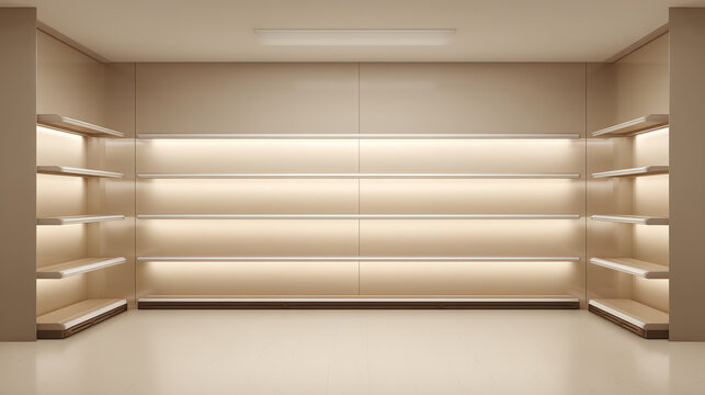 Modern, empty retail space featuring sleek shelves and subtle lighting, perfect for showcasing products in a minimalist environment.