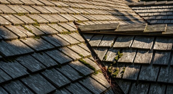 Detailed close-up of aged, weathered cedar wood shingles with patches of green moss and natural textures.