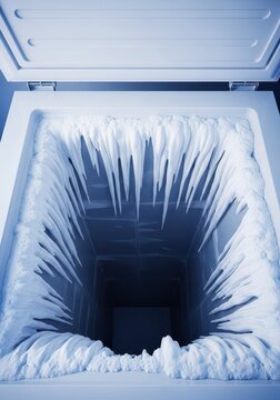 Close up of thick white frost and ice buildup covering the inside walls of a deep chest freezer, showing the need for defrosting, kitchen, interior, freezer