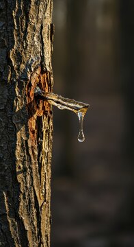 Close-up view of clear maple sap dripping slowly from a metal spile inserted into a large deciduous tree trunk in the early springtime, cold, forest, equipment