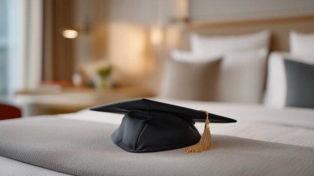 Graduation cap rests beside service uniform on dormitory bed, symbolic transition represents veteran's educational achievement milestone, ideal for college accomplishment benefits, and modern succes
