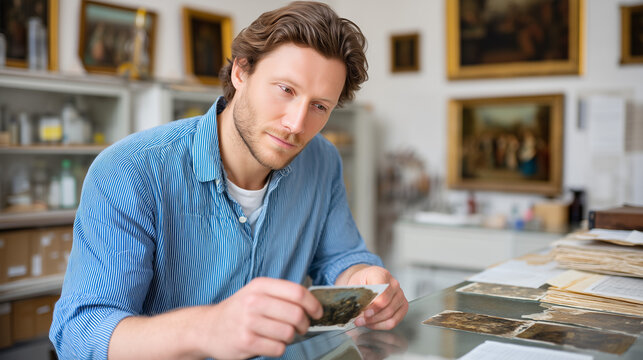 Restoration specialist comparing original artwork photograph to damaged painting, UV light revealing hidden layers, conservation treatment proposal and historical research documents spread on labora