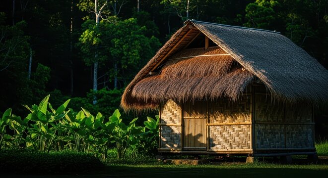 Traditional rustic hut made of woven bamboo and thatch, standing near a lush tropical environment, representing simple village architecture, thatch, outdoors, straw