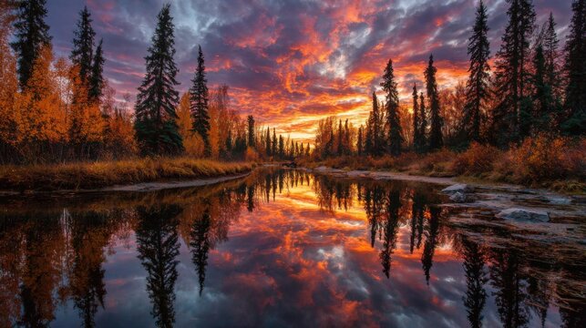 Red aurora boreal with a river reflection on an autum day when the trees for orange and yellow
