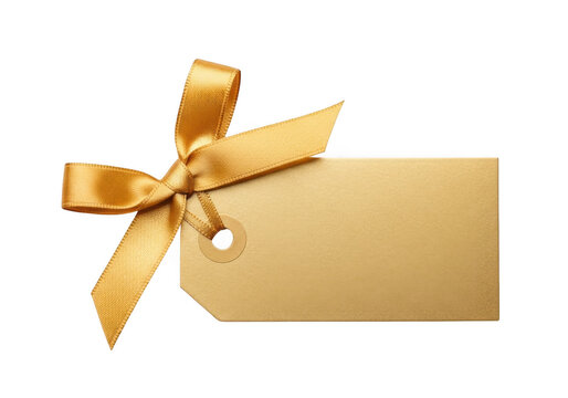 Elegant gold ribbon tied around a brown gift tag with a bow isolated on transparent background