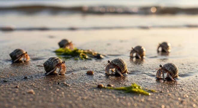 Small hermit crabs with shells scurrying along a wet beach at the ocean's edge, capturing a moment of marine life.