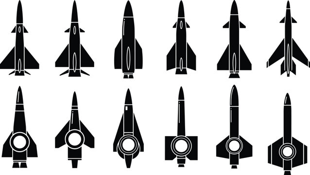 Twelve black rocket and missile silhouettes with varied fin designs isolated on white background, aerospace illustration for defense, engineering, and space exploration projects