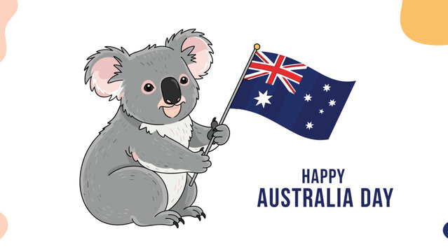 Happy australia day greeting card featuring a cute koala holding the national australian flag on white.