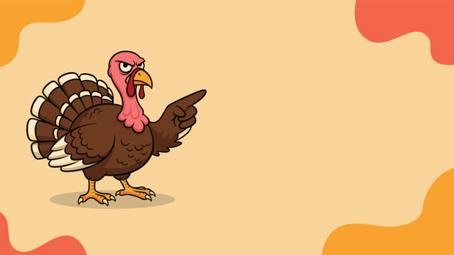 angry cartoon turkey with an annoyed expression points its finger on a decorative orange and cream abstract background.