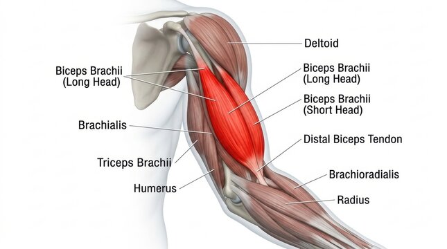 Anatomical illustration of the human arm muscles and bones with labels
