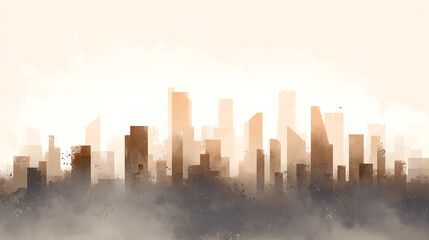 Fototapeta premium A stunning silhouette of a modern city skyline at sunset, surrounded by soft fog, evoking a sense of calm and beauty.