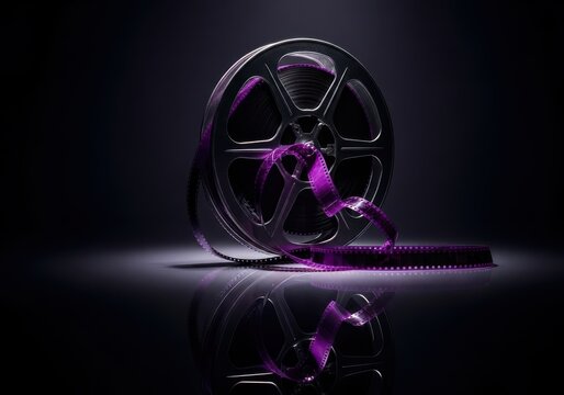 Deeply contrasting close-up of a vintage cinema reel filled with undeveloped film sitting on a reflective dark surface, aesthetic, vintage, visual