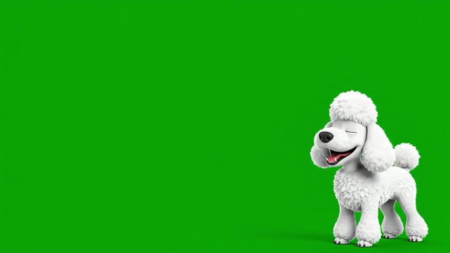 A white poodle standing on a bright green background with a clean white foreground, captured in a studio setting with a shallow depth of field.