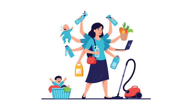 Stressed but capable mother with multiple arms manages childcare, cleaning, groceries, and work all at the same time.
