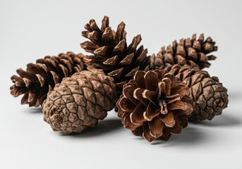 Fototapeta premium Detailed studio shot of several dry brown pine cones resting on a clean white background, showcasing natural texture and geometric patterns, environment, natural, studio