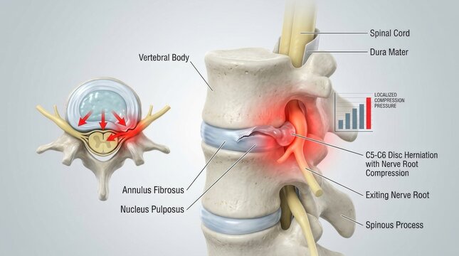 Medical illustration of a C5-C6 disc herniation compressing a nerve root