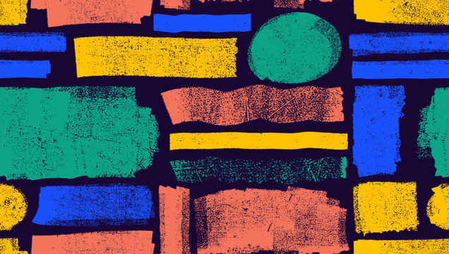 Seamless pattern linocut colored stamp texture. Rough ink roller rectangles with distressed grunge edges on black background. Paint brush strokes, texture grunge, art background. Vector illustration.