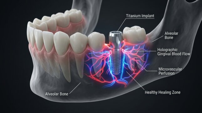 Dental implant surgery visualization showing bone integration and blood flow