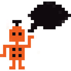 Fototapeta premium Pixel art robot icon made of orange puzzle pieces with speech balloon in a vector game style design