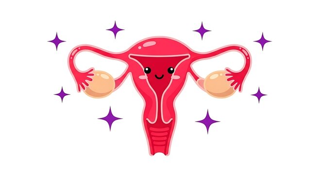 Cartoon illustration of a smiling, stylized human female reproductive system with purple stars