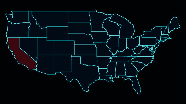 USA Map with California State Highlighted in Red with Neon Borders and Subtle Inner Glow on Black