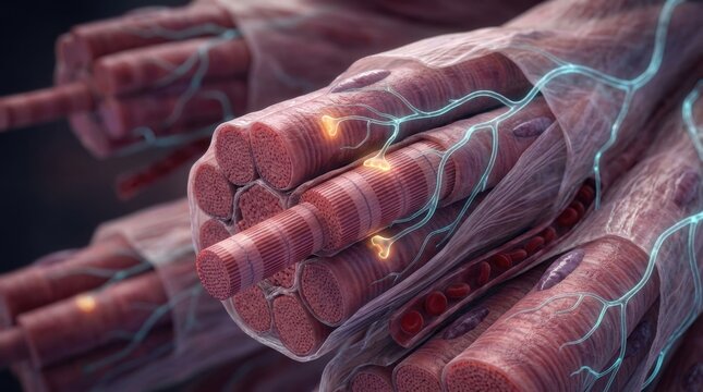Detailed 3D rendering of muscle fibers with nerve endings and blood vessels