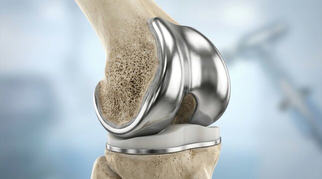 Close-up of a modern knee replacement implant showing bone and metal components