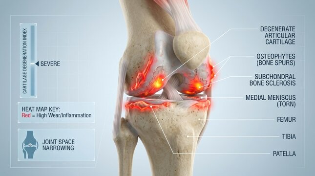 Anatomical illustration of a severely degenerated knee joint with inflammation and wear
