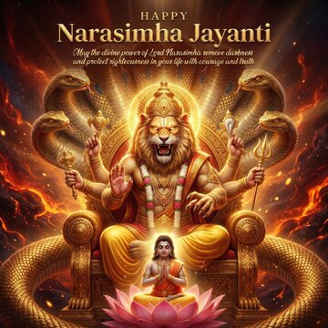 Narasimha Jayanti celebration with divine lion-man deity seated on ornate throne surrounded by multi-headed cobras and a devotee in prayer below