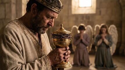 Fototapeta premium Jesus Christ with a crown of thorns and gold chalice. Man in crown praying in a stone room with angels. Religious concept for Easter. Biblical scene of sacrifice and divine worship.