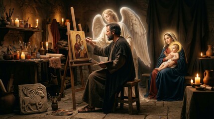 Fototapeta premium Iconographer painting portrait of Mary and infant Jesus under guidance of angel. Religious art creation in studio. Spiritual inspiration, biblical scene, catholic faith tradition.