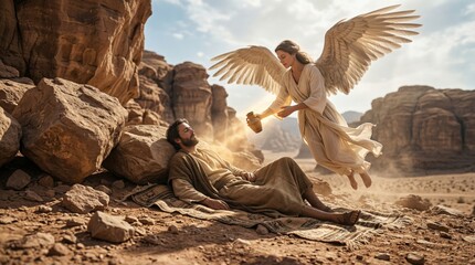 Fototapeta premium Angel woman comforting Jesus in Judean desert. Divine light shining from celestial being over resting man. Biblical scene illustrating faith, spiritual healing, hope and christian grace.