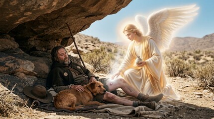 Fototapeta premium Angel healing wounded man resting with dog in desert. Holy messenger performing miracle for injured traveler. Religious biblical scene of divine intervention, faith and comfort.