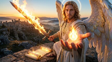 Fototapeta premium Archangel holding a flaming sword and glowing fire in his hand above an ancient stone city. Heavenly warrior with wings and halo. Biblical scene depicting spiritual power and protection.
