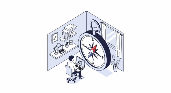 Isometric Business Strategy Illustration with Giant Compass and Professional at Laptop, Concept for Career Guidance, Goal Setting, and Navigating Success in the Workplace