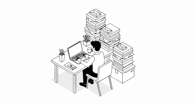Isometric Illustration of a Businessman Overwhelmed by Huge Piles of Mail and Paperwork, Working on Laptop at Office Desk