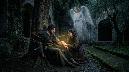 Fototapeta premium Nun tending to injured man tied to tree with angel appearing nearby. Religious scene depicting divine protection and faith. Biblical concept of miracle and mercy in ancient setting.