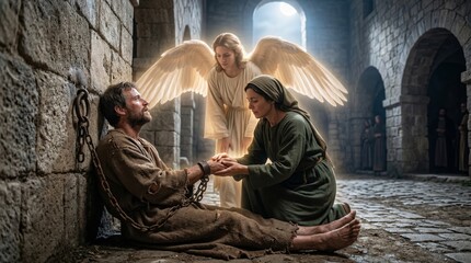 Fototapeta premium Angel watching woman comforting chained man in ancient stone prison. Biblical scene of hope and divine intervention. Christian classic concept for religious illustration and faith.