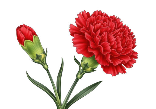 A single vibrant red carnation flower with green stem and leaves isolated on transparent background
