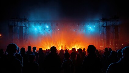 Obraz premium Crowd enjoys vibrant outdoor concert under colorful stage lights