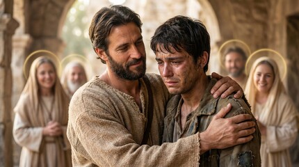 Fototapeta premium Jesus Christ comforting a crying man in an ancient setting. Compassionate savior embracing a beggar with tears. Faith, mercy, and forgiveness concept for religious theme and Easter celebration.