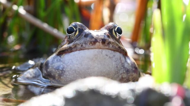 Common Frog (Rana temporaria) &ndash; Close-Up Male Calling on Pond Surface &ndash; amphibian breeding season in spring