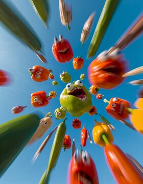 Crazy vegetables soar in mid-air, low-angle view. Bell peppers, cucumbers, and tomatoes spin with mouths wide open in laughter.