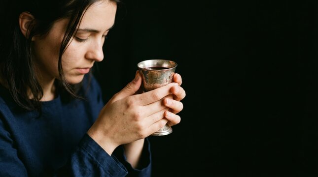 Woman holding silver chalice with wine during communion. Young female believer in prayer. Religious ceremony, christian worship concept. Faith, spirituality and belief in ritual.